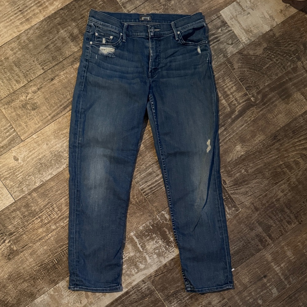 MOTHER Distressed Dark Blue Cropped Jeans